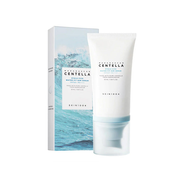 SKIN1004 Madagascar Centella Hyalu-Cica Water-Fit Sun Serum SPF50+ PA++++, lightweight sunscreen with centella and hyalu-cica.