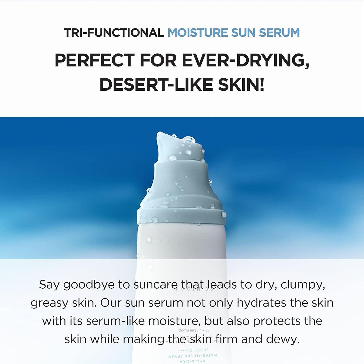SKIN1004 Madagascar Centella Hyalu-Cica Water-Fit Sun Serum SPF50+ PA++++, lightweight sunscreen in a clear bottle with blue accents