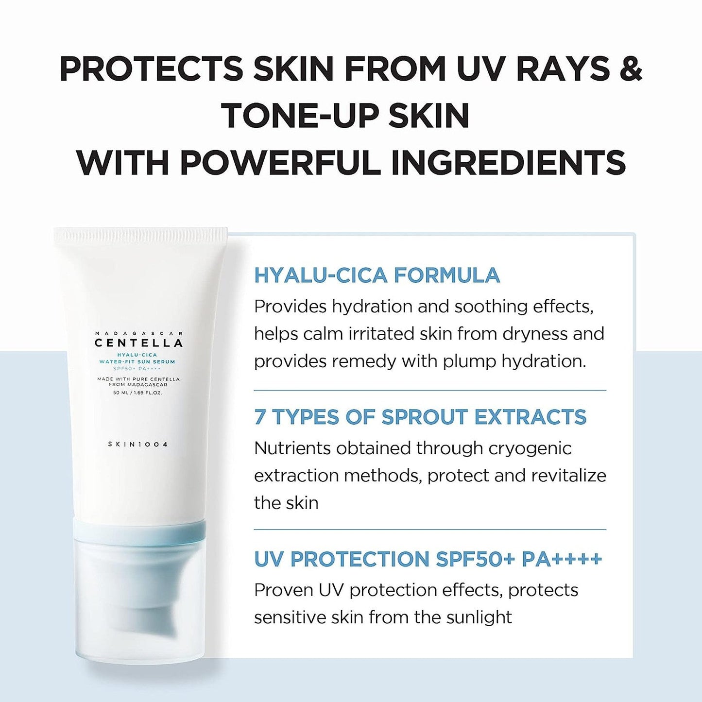 SKIN1004 Madagascar Centella Hyalu-Cica Water-Fit Sun Serum SPF50+ PA++++, a lightweight sunscreen with centella for hydration and sun protection.