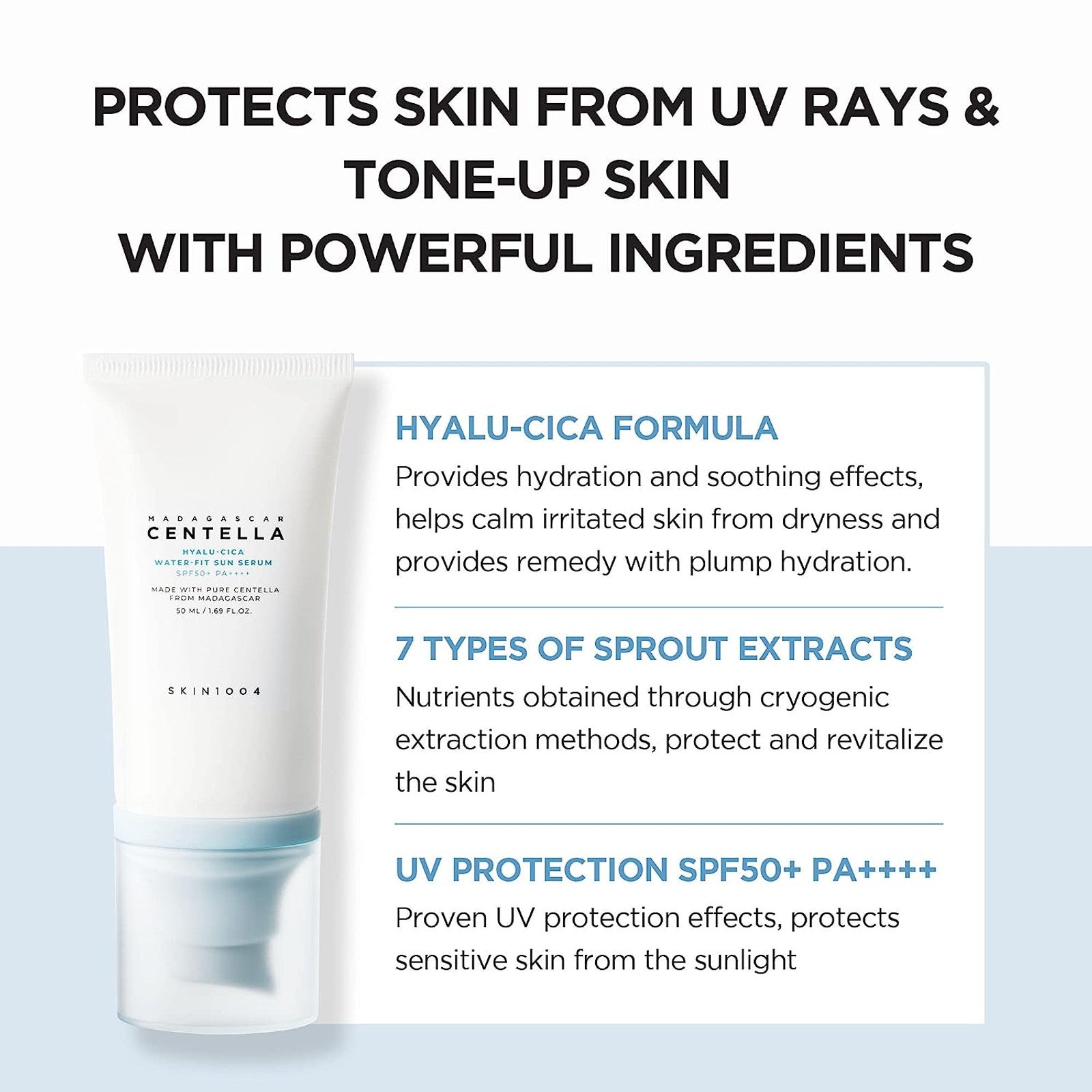 SKIN1004 Madagascar Centella Hyalu-Cica Water-Fit Sun Serum SPF50+ PA++++, a lightweight sunscreen with centella for hydration and sun protection.