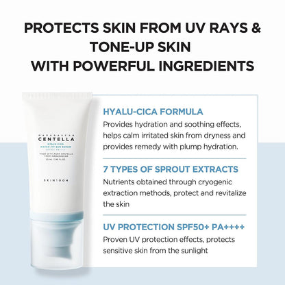 SKIN1004 Madagascar Centella Hyalu-Cica Water-Fit Sun Serum SPF50+ PA++++, a lightweight sunscreen with centella for hydration and sun protection.