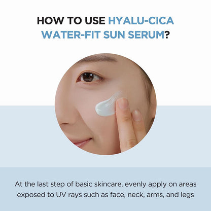 SKIN1004 Madagascar Centella Hyalu-Cica Water-Fit Sun Serum SPF50+ PA++++, lightweight sunscreen with centella and hyaluronic acid.