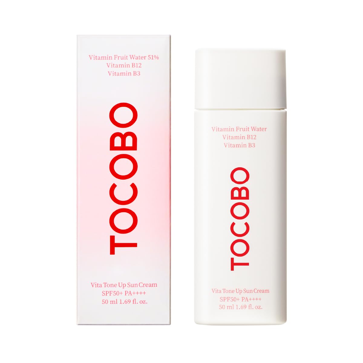 TOCOBO Vita Tone Up Sun Cream SPF50+ PA++++ in a white tube, featuring a sleek design and product label.