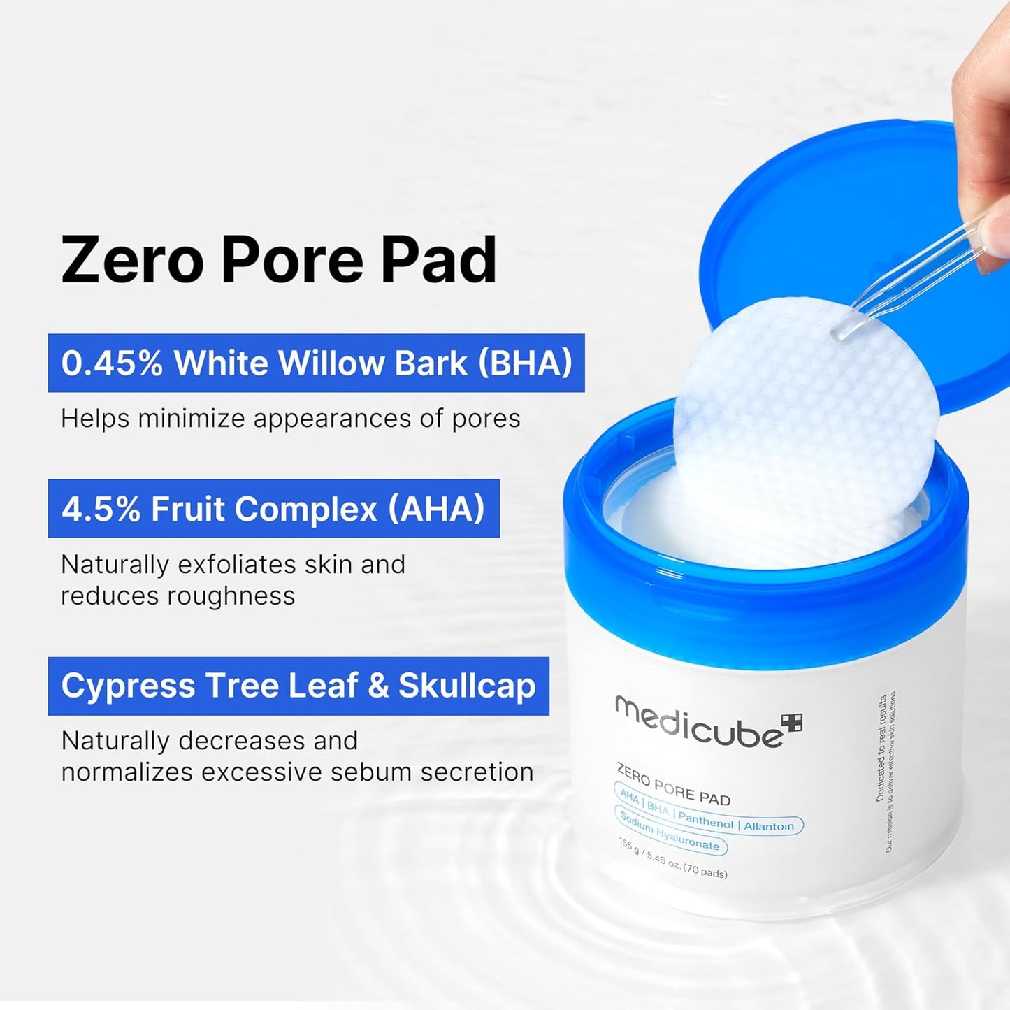 Medicube Zero Pore Pad 2.0 toner lotion pads for pore cleansing and skin refinement, displayed in a container with 70 pads.