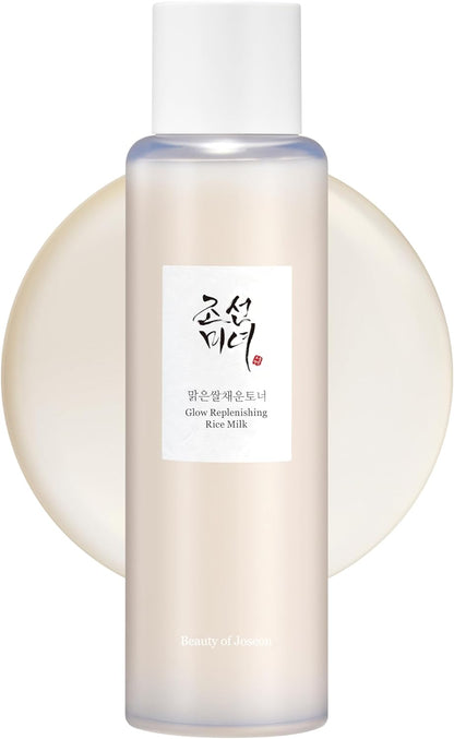 Beauty of Joseon Glow Replenishing Rice Milk toner lotion in a clear bottle with a white label and silver cap.