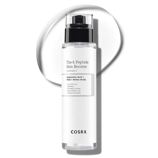 Cosrx The 6 Peptide Skin Booster toner lotion in a clear bottle with pump dispenser, showcasing its sleek, minimalist design.