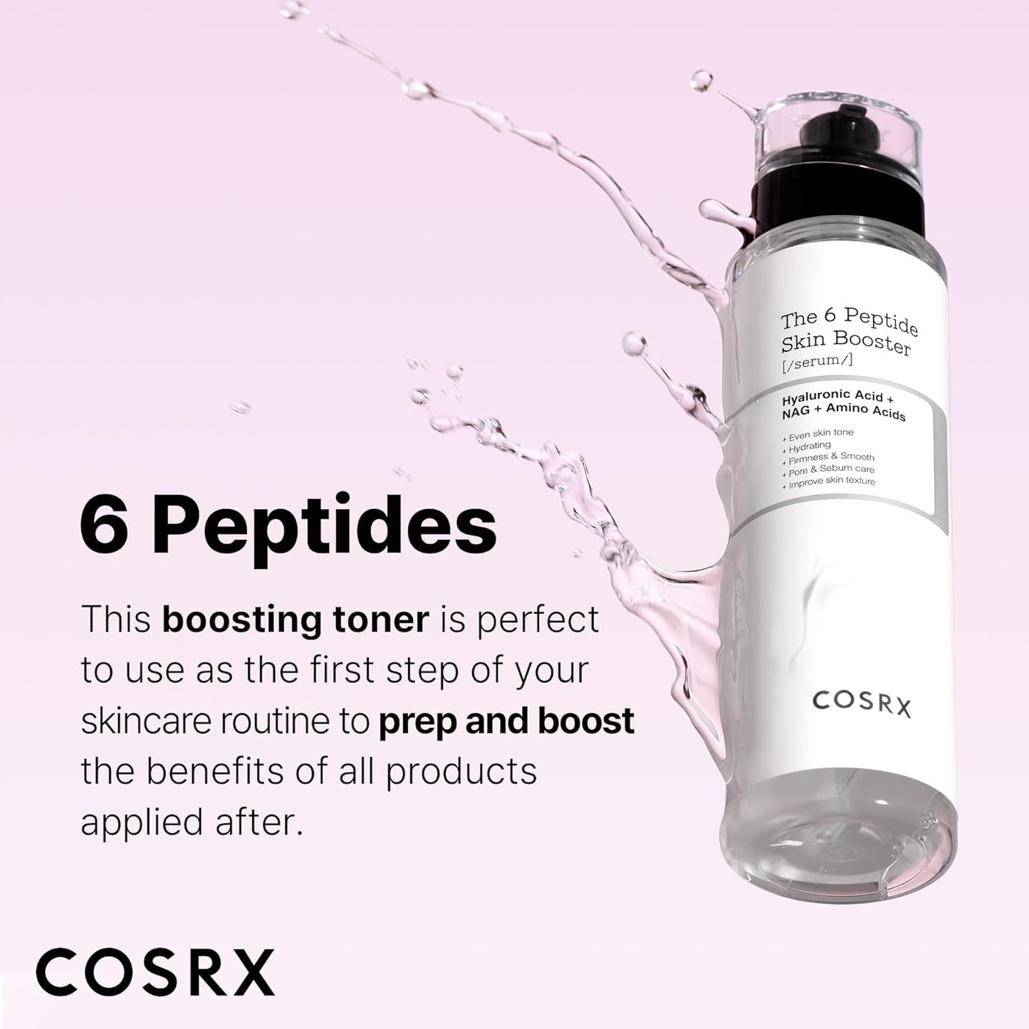 Cosrx The 6 Peptide Skin Booster toner lotion bottle with branding and label visible, designed for skin hydration and renewal.