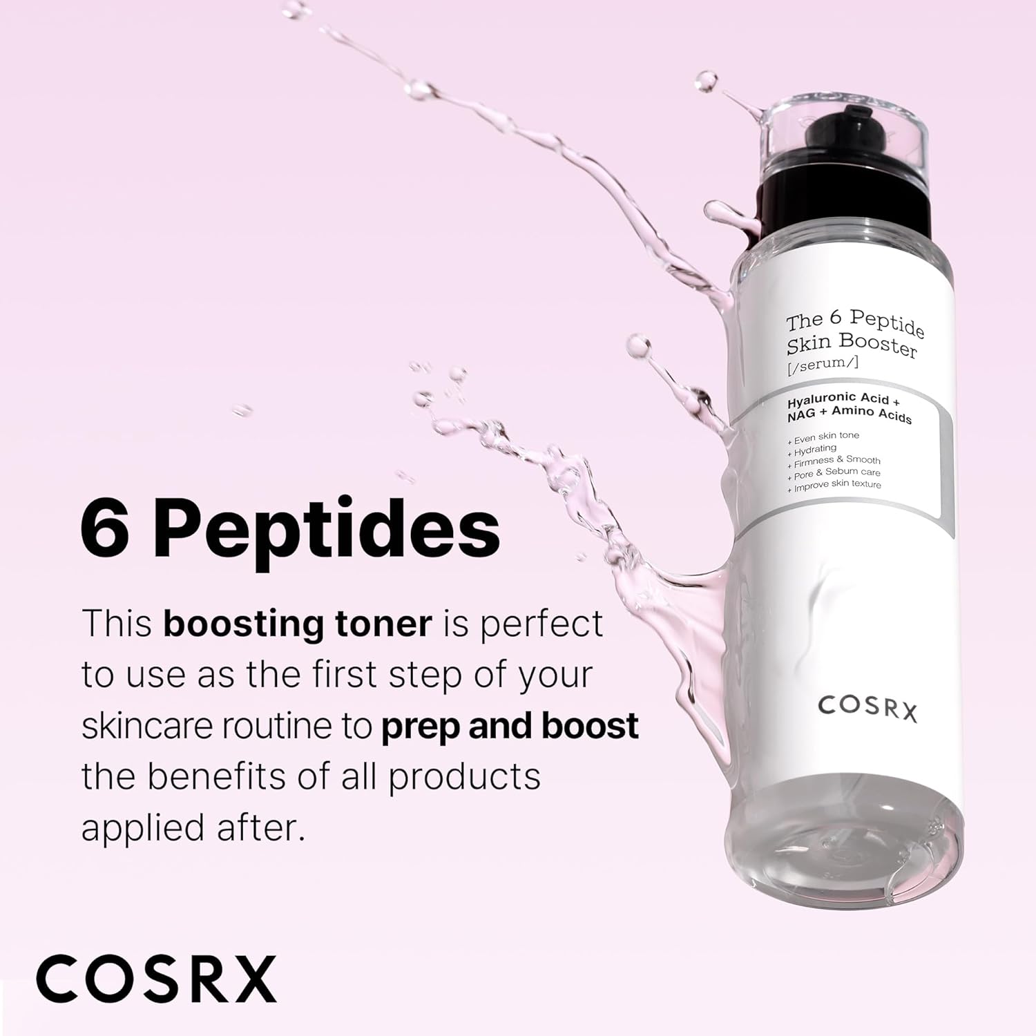 Cosrx The 6 Peptide Skin Booster toner lotion bottle with branding and label visible, designed for skin hydration and renewal.