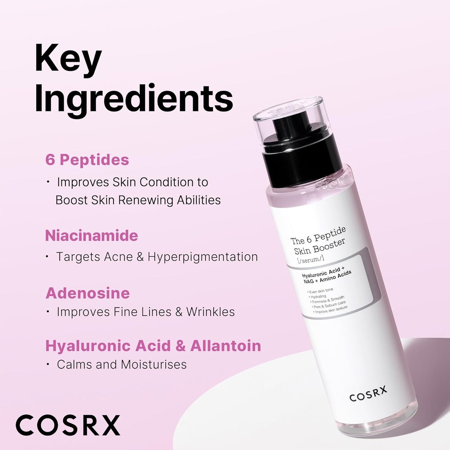 Cosrx The 6 Peptide Skin Booster toner lotion bottle with a minimalist label, designed for skincare and hydration.