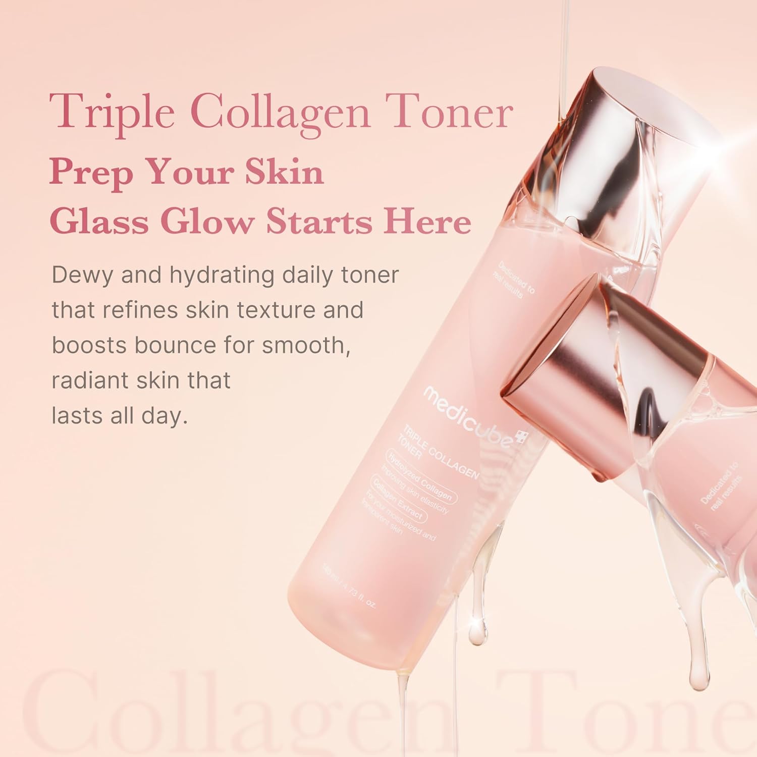Medicube Triple Collagen Toner Lotion by AsiaBeautyMall, clear bottle showing the toner inside, designed for hydrating and firming skin.