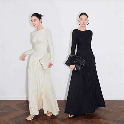 Asymmetric Ruched Knit Dress with Pleated Skirt (MS343)