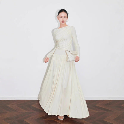 Asymmetric Ruched Knit Dress with Pleated Skirt (MS343)