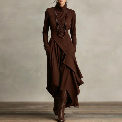 Asymmetric Wrap Gown with Turtleneck | Draped Handkerchief Hem Dress(MS261)