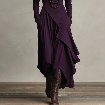 Asymmetric Wrap Gown with Turtleneck | Draped Handkerchief Hem Dress(MS261)