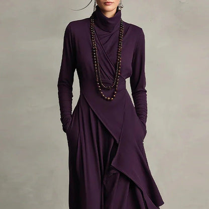 Asymmetric Wrap Gown with Turtleneck | Draped Handkerchief Hem Dress(MS261)