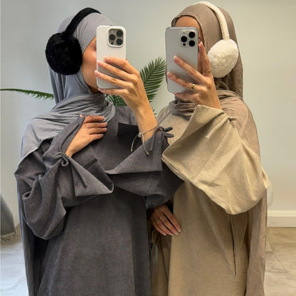 Autumn Bow-Sleeve Corduroy Abaya | Modest Muslim Women's Luxury Wear(MA248)