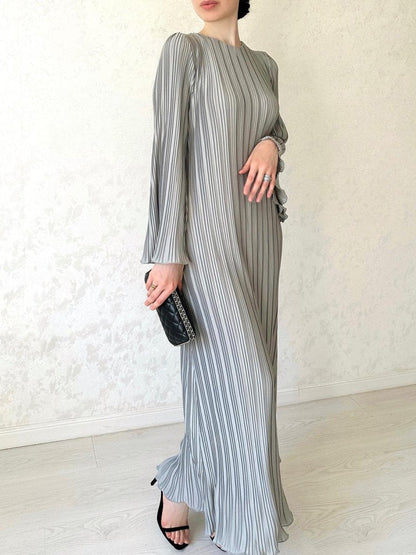 Autumn New Pleated Flared Sleeve Wedding Guest  Dress Abaya with Belt(MA193)