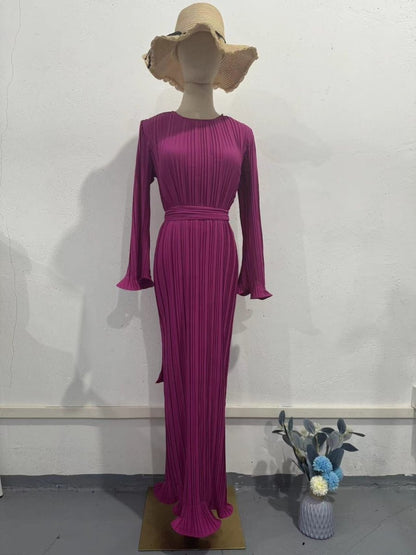 Autumn New Pleated Flared Sleeve Wedding Guest  Dress Abaya with Belt(MA193)