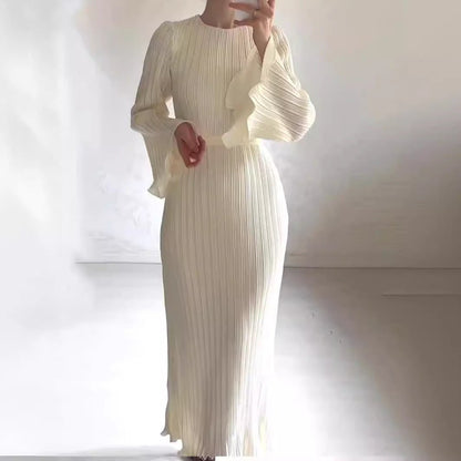 Autumn New Pleated Flared Sleeve Wedding Guest  Dress Abaya with Belt(MA193)
