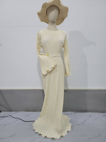 Autumn New Pleated Flared Sleeve Wedding Guest  Dress Abaya with Belt(MA193)