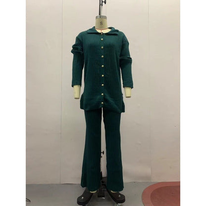 Autumn Winter Knit Two-Piece Set | Button-Up Collar Top & Elastic Waist Pants(MS125)