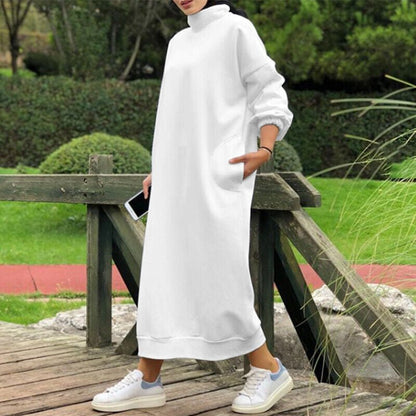 Autumn Winter  Lined Turtleneck Maxi Dress | Casual Sweatshirt Dress with Elastic Cuffs (MS138)