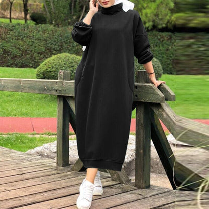 Autumn Winter  Lined Turtleneck Maxi Dress | Casual Sweatshirt Dress with Elastic Cuffs (MS138)