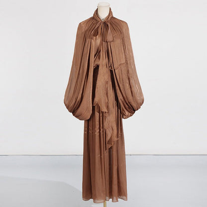 Balloon Sleeve Tie-Neck Maxi Dress(MS303)