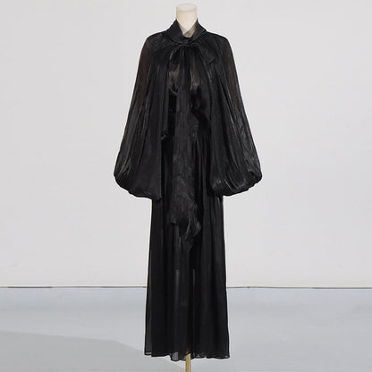 Balloon Sleeve Tie-Neck Maxi Dress(MS303)