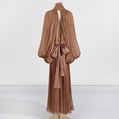 Balloon Sleeve Tie-Neck Maxi Dress(MS303)