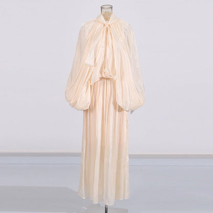 Balloon Sleeve Tie-Neck Maxi Dress(MS303)
