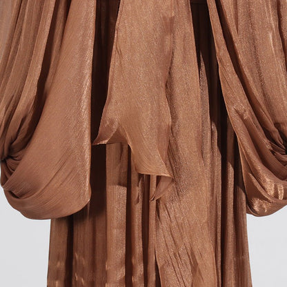 Balloon Sleeve Tie-Neck Maxi Dress(MS303)