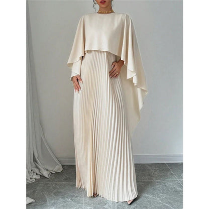 Bat Sleeve Pleated Maxi Dress | Cream White Cape Dress with Dramatic Bell Sleeves (MA241)