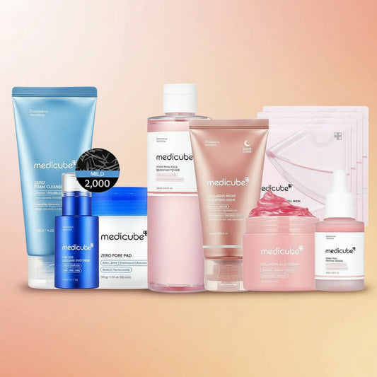 Medicube Glass Glow skincare set by BazaarBox featuring 8 essential products for a radiant skin routine.