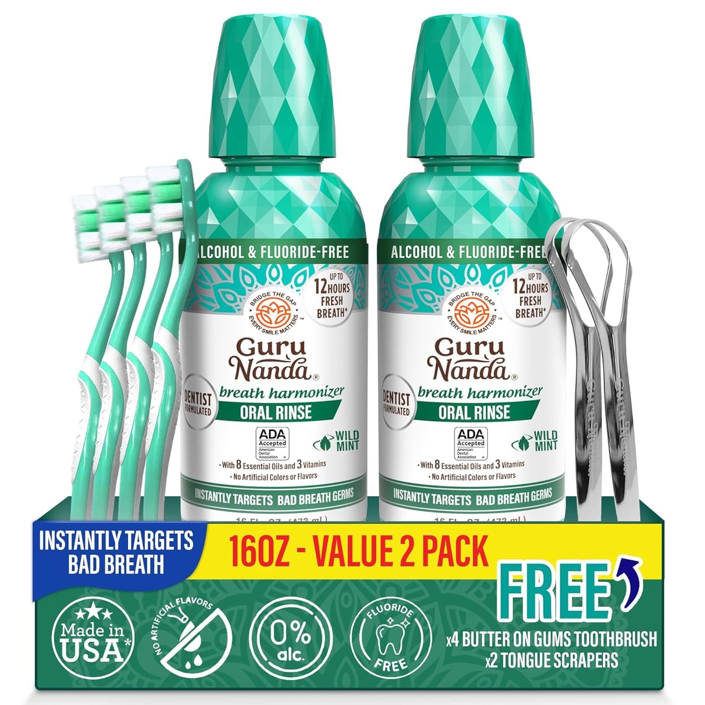 Gurunanda Fresh Breath Mouthwash, Ada-Accepted, Alcohol & Fluoride-Free, Sodium Chlorite, Essential Oils & Vitamins, 12-Hrs Fresh Breath, Wild Mint, 33.8 Oz