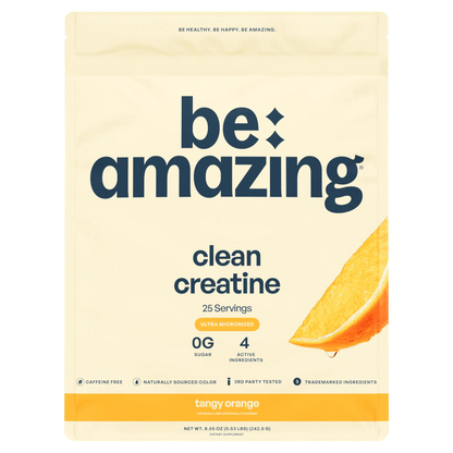 Unflavored Be Amazing Clean Creatine powder in a container, designed for athletic performance and muscle support.