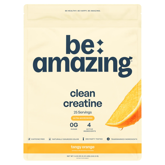 Be Amazing Clean Creatine powder in tangy orange flavor, showing the supplement container and scoop.