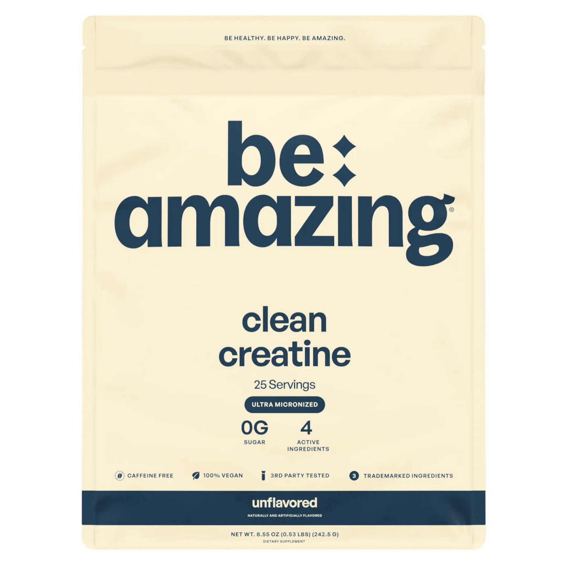 Unflavored Be Amazing Clean Creatine powder in a clear container, labeled with product name and serving size, ready for supplement use.