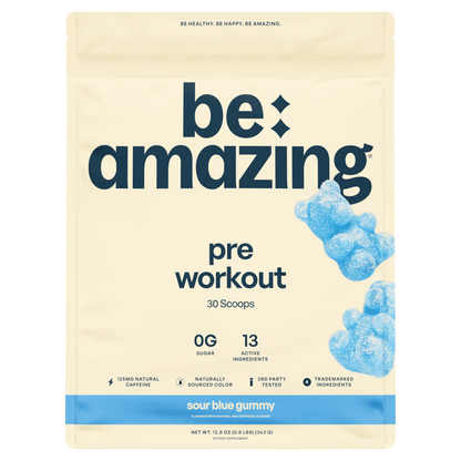 Be Amazing pineapple-flavored pre-workout supplement in a container with 30 scoops, designed to boost energy and performance.