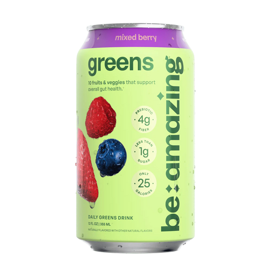 Be Amazing Daily Greens Drink in Mixed Berry flavor, ready-to-drink beverage with fresh berry ingredients in a sleek bottle.