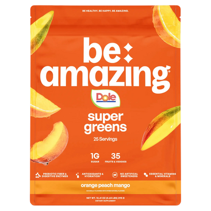 Be Amazing Super Greens supplement with sunny D tangy flavor in a 25-serving container, featuring vibrant green powder.