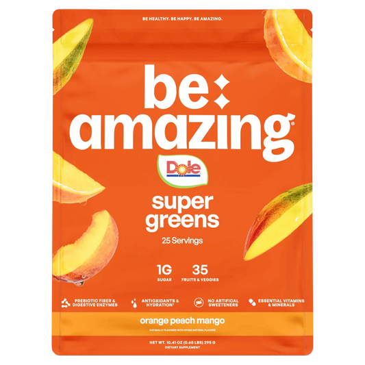 Be Amazing Super Greens powder with orange, peach, and mango flavor in a vibrant green container.