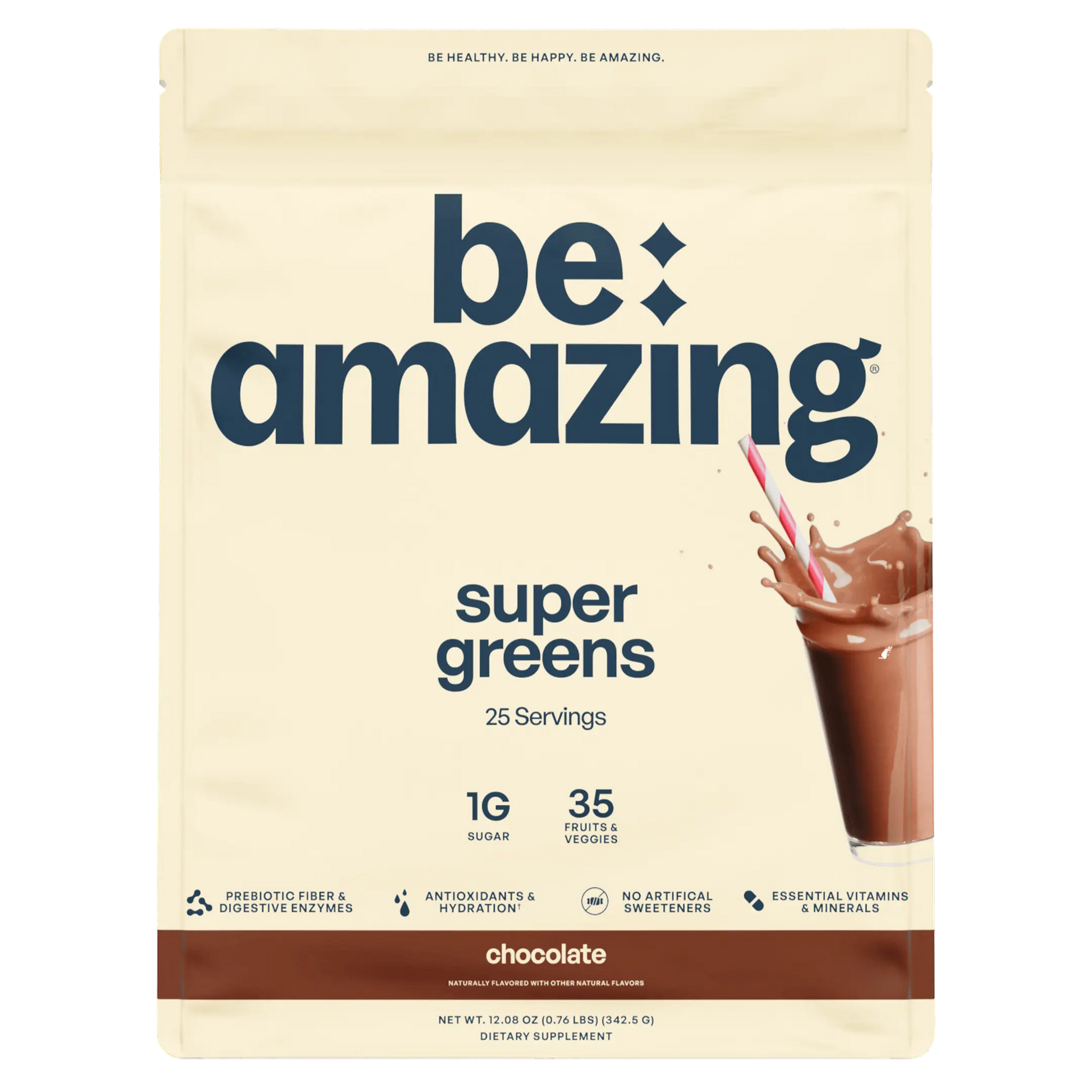 Be Amazing Super Greens supplement with sunny D tangy flavor, 25 servings, vibrant green powder in a resealable bag.