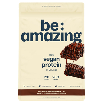 Be Amazing vegan protein powder with strawberry flavor and 25 servings, shown in a container with a scoop and strawberries.
