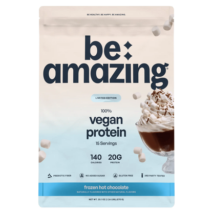 Be Amazing vegan protein powder container with strawberry flavor, 25 servings, showcasing vibrant Dole Whip strawberry imagery.