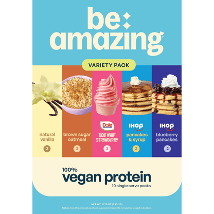 Be Amazing vegan protein powder container with strawberry flavor, 25 servings, and Dole Whip-inspired design.