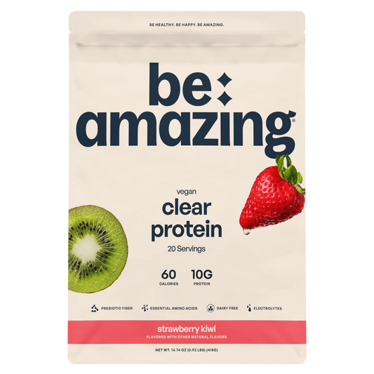 Be Amazing clear vegan protein drink with strawberry kiwi flavor in a transparent bottle, showcasing the vibrant beverage inside.