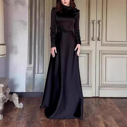 Beaded Satin Evening Gown | High Neck Long Sleeve Maxi Dress(MA348)