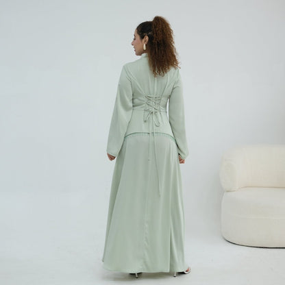 Beaded-Waist Corset-Back Flared-Sleeve Maxi Dress(MS476)