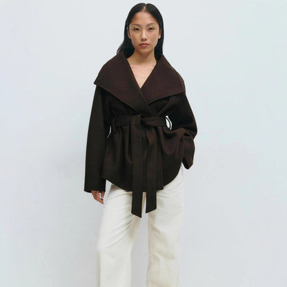Belted Wrap Coat with Wide Collar | Double-Faced Wool Blend Jacket(MS254)